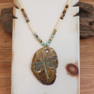 Unique Handmade Dragonfly Long Beaded Necklace OOAK